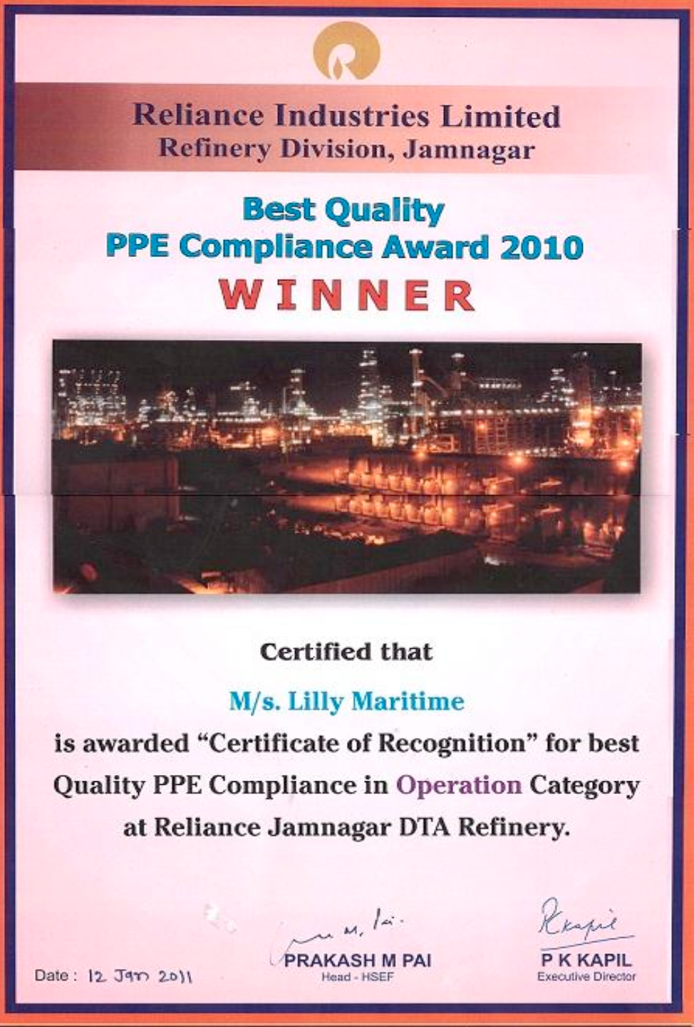 Best Quality PPE Compliance Award 2010 - WINNER